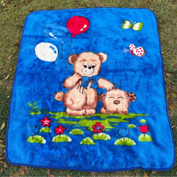 VTG Minky Baby Blanket Bear Puppy Balloons Butterflies Plush Kawaii Style 40x44